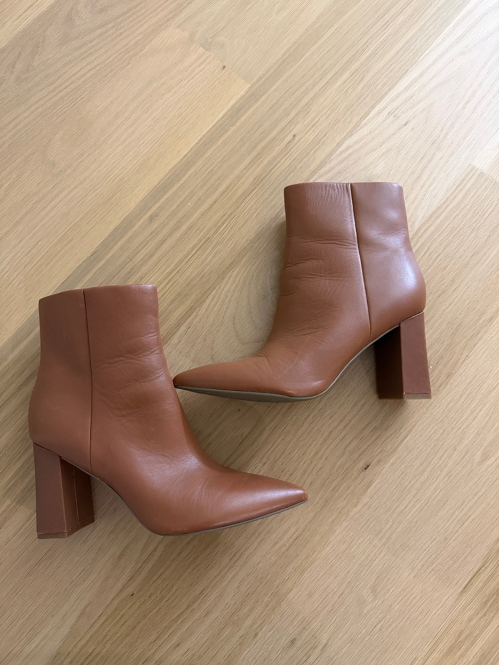 Marc Fisher Pointed Toe Block Heel Ankle Boots in Cognac